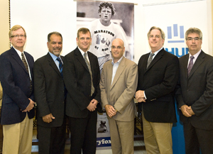 Dr. Robin Harkness, Canadian Partnership Against Cancer; Dr. Fred Saad, CHUM; Darrell Fox, Terry Fox Research Institute; Patrick Lamarche, patient of Dr. Saad; Dr. Robert Bristow, Ontario Cancer Institute, Princess Margaret Hospital; and Jacques Turgeon, CHUM. Photo: Stéphane Lord, CHUM.