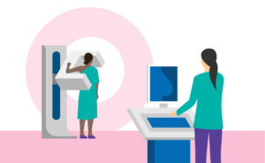 une personne en train de passer une mammographie effectuée par une technologue en mammographie