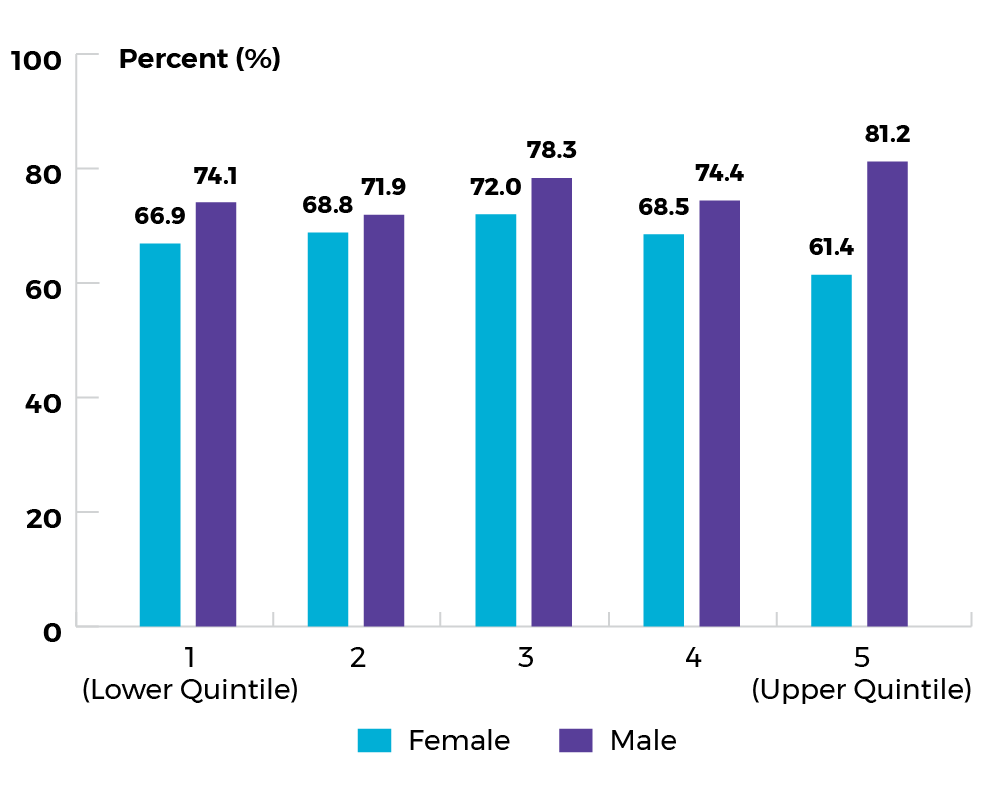 Quintile 1 (Lower quintile): females: 66.9%; males: 74.1%. Quintile 5 (Upper quintile): females: 61.4%; males: 81.2%.Table to follow.