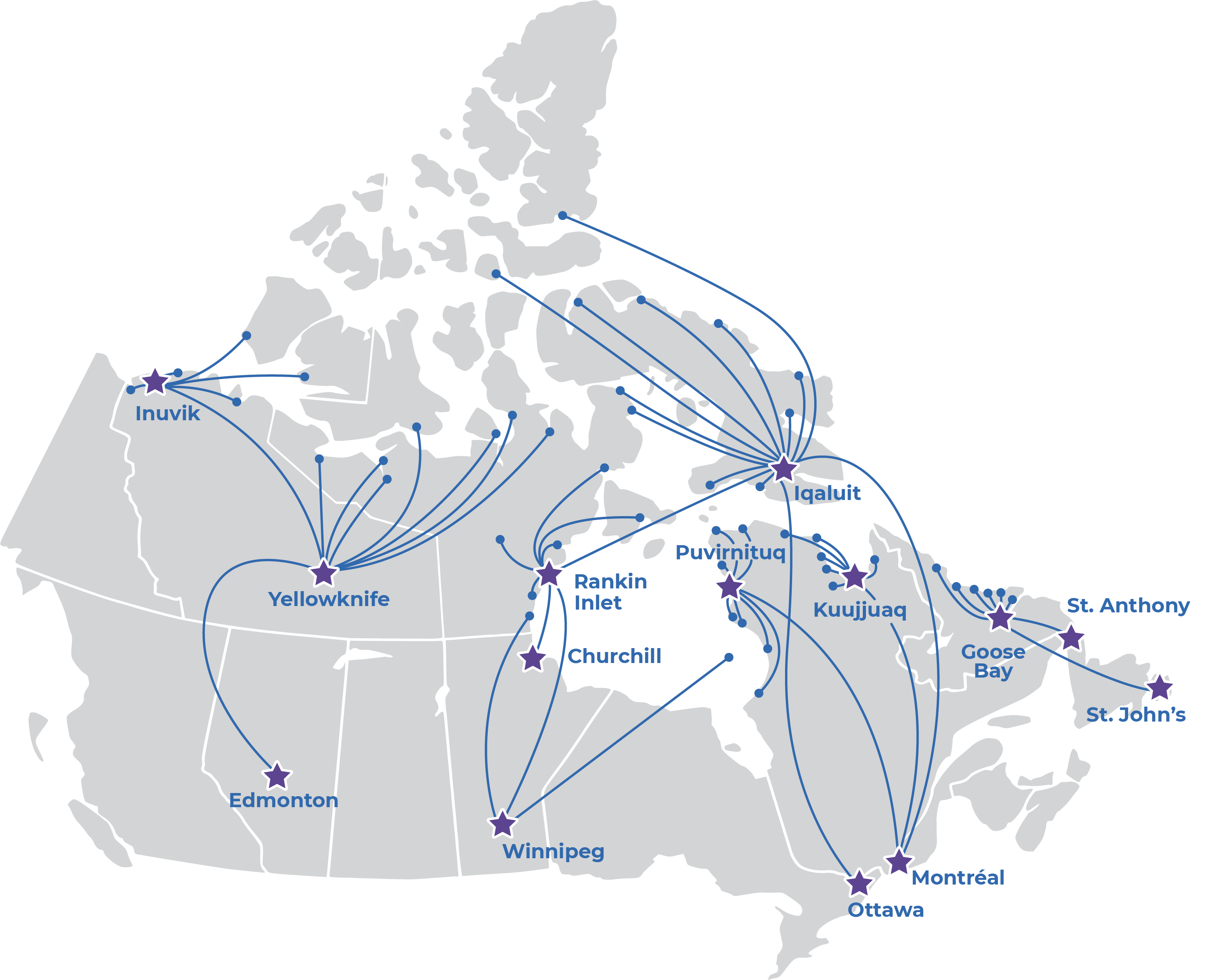 Carte du Canada qui montre que les personnes habitant au nord doivent aller à Edmonton, Winnipeg, Ottawa, Montréal ou à St. John's pour recevoir des soins.