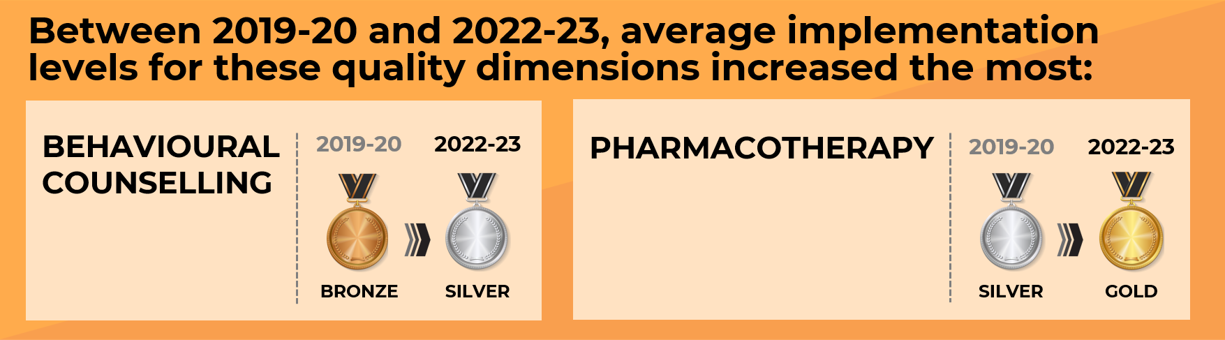 Between 2019-20 and 2022-23, implementation levels increased the most for behavioural counselling which went from bronze to silver, and for pharmacotherapy, which went from silver to gold.