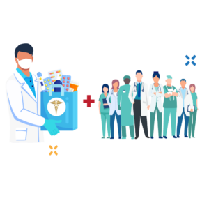 On the left-hand side of the image is a male pharmacist holding a bag of prescriptions. On the right-hand side of the image is a group of nurses and doctors. There is a plus sign in the middle of the images signaling how they can come together as one team. 
