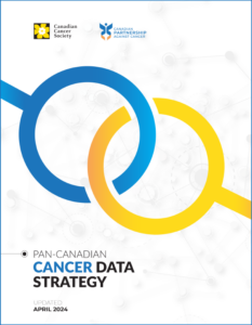 report cover of the pan-Canadian Cancer Data Strategy. Image is of a blue and yellow link. Partnership and CCS logos are present at the top