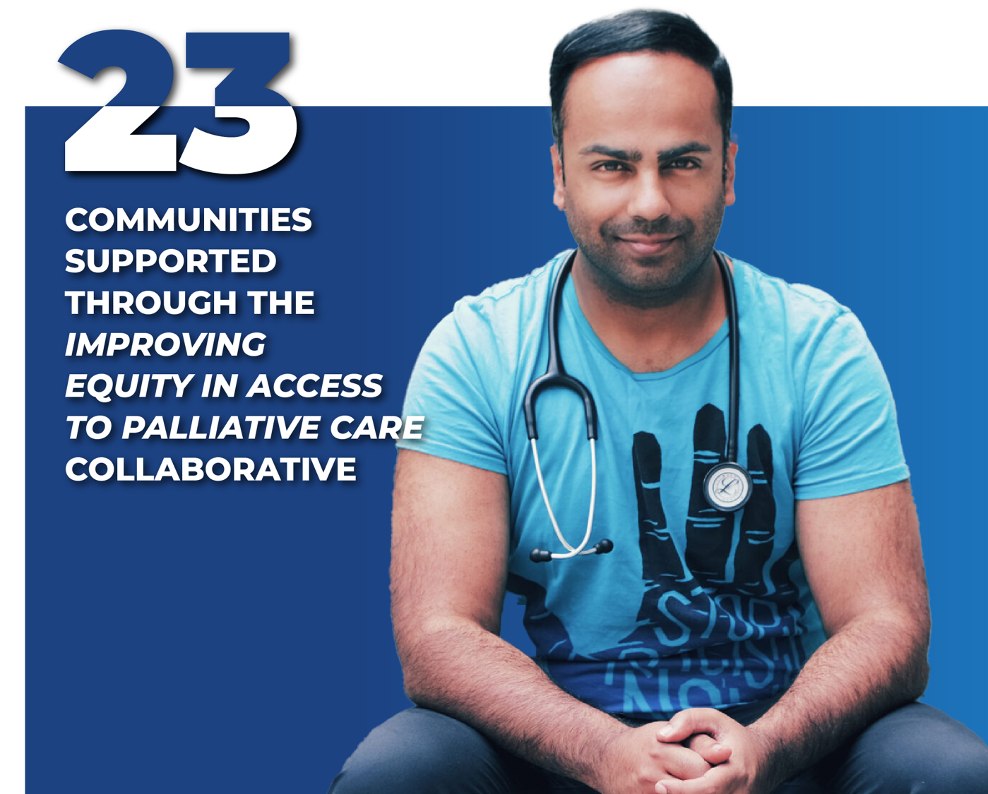 Dr. Naheed Dosani, a palliative care physician at St. Michael’s Hospital at Unity Health Toronto, sits with his hands clasped in front of him. He is wearing jeans, a blue t-shirt, and a stethoscope draped around his neck. With a slight smile and a friendly, approachable demeanor, Dr. Dosani embodies compassion and care. The background features dark blue color blocks, with the number "23" in bold blue writing overlaid at the top left. Below, in smaller text, it reads: "Communities supported through the Improving Equity in Access to Palliative Care Collaborative."