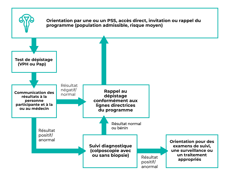 Orientation par un prestataire de soins. Test de dépistage VPH ou Pap. Communication des résultats. Si normal, rappel au dépistage conformément aux lignes directrices. Si anormal, suivi diagnostique.